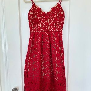 Red Lace Midi Dress, Size Small